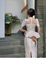 Cyflymder Women Beige Long Cheongsam Lace Transparent Floral Vintage Dress Wedding Costumes Traditional Short Qipao S To XXL