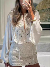 Cyflymder Embroidery Crochet Hollow Shirts For Women Elegant Long Sleeve O Neck Lace Up Blouse Female 2025 New Summer Casual Loose Shirt