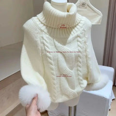 Cyflymder Autumn Elegant Batwing Sleeve Sweater Women Turtleneck Knitted Pullovers Chic Tops Fashion Fur Patchwork Knitted Jumpers 630A
