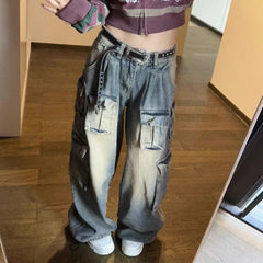 Cyflymder New Blue Baggy Cargo Jeans Women Harajuku Y2K 90S Retro High Waist Denim Trousers Hip Hop Pockets Wide Leg Cowboy Pants
