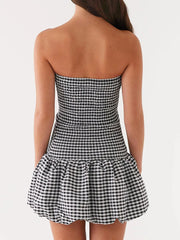 Cyflymder Women s Plaid Off Shoulder Mini Dress with Puffball Sleeves and Tube Top Design for a Stylish Look