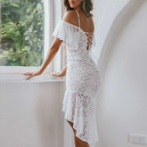 Cyflymder Women Sexy V Neck Hollow Sling Long Dress Spring Embroidery Lace Ruffles Split Mermaid Dress Summer Off Shoulder Irregular Dress