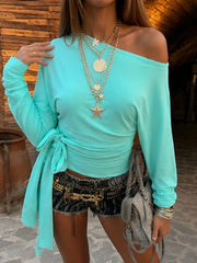 Cyflymder Off Shoulder Long Sleeve Women T Shirts Solid Color Lace Up Slim Tee Tops Casual Fashion Streetwear Y2K Sexy Outfits