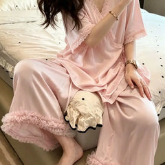 Cyflymder Premium Lace Splicing Pink Ice Silk Pajamas Women's Summer New Seven-quarter-sleeved Loungewear Set