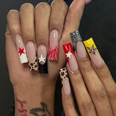 Cyflymder 24pcs Sweet Cool y2k Star Press on Nails Leopard Print French Long Ballet Fake Nails for Women Wearable Gothic Punk False Nails