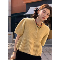 Cyflymder Chic Autumn New Sle Retro Splicing Lace Trim Soft Bubble Sve Knitted Sweater Women's Faionable Commute Loose Fit