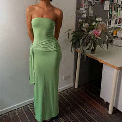 Cyflymder Women Strapless Maxi Dress Boho Floral Print Bodycon Long Tube Dress Summer Tie Waist Long Holiday Beach Sundress