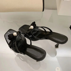 Cyflymder Wine Red Flowers Pearl Women Slippers Sandals Fashion Square Open Toe Thin High Heels Mules Slides Summer Party Dress Shoe