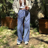 Cyflymder Women Striped Pajama Pants Elastic Waist Straight Wide Leg Trousers Casual Loose Fit Going Out Bottoms with Pockets