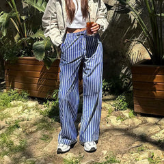 Cyflymder Women Striped Pajama Pants Elastic Waist Straight Wide Leg Trousers Casual Loose Fit Going Out Bottoms with Pockets