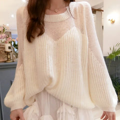 Cyflymder Lazy Style Knitted Sweater Women Autumn Winter Loose Hollow Out Lantern Sleeve Pullover