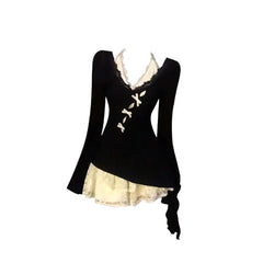 Cyflymder Fall Winter Women Y2k Shoujo Girl 2000s Kpop Korean Outfits 2 Piece Set Long Sleeve Tops + Coquette Ballet Core Mini Lace Dress