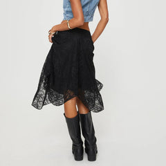 Cyflymder Women Y2K Lace Midi Skirt Sheer Mesh Skirts Boho Ruffle Long Flowy Skirt See Through Beach Holiday Floral Maxi Skirt