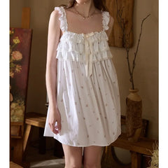 Cyflymder Small Floral Suspender Nightdress Sweet Cake Dress Cotton Silk Pajamas Bow Loungewear Pure Desire Girl Thin
