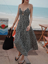 Cyflymder Women's Floral Print V-Neck Midi Camisole Dress Sleeveless Backless Lace-Up Waist Cinching Autumn Fashionable Dress