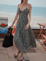 Cyflymder Women's Floral Print V-Neck Midi Camisole Dress Sleeveless Backless Lace-Up Waist Cinching Autumn Fashionable Dress