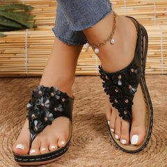 Cyflymder Women Flower Decorate Beach Flip Flops Summer Wedges Shoes Female Outdoors Slippers Soft Walking Sandals