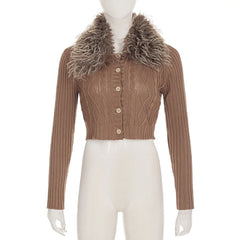 Cyflymder Autumn Winter American Vintage Detachable Fuxr Fur Collar Top Y2k American Knitted Buttons Sweatters Harajuku Punk Women Jumpers