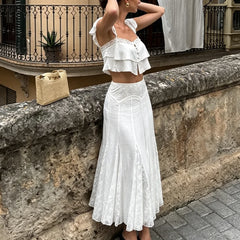 Cyflymder Lace Ruffle Two Piece Set Women Flutter Strap Layered Crop Top Midi Skirt Suit Lady's Holiday Beach Dating Matching Outfit