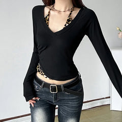 Cyflymder Women's V Neck Long Sleeve Crop Top Slim Fit Layering Basic Tee Y2K Hot Girl Streetwear Casual Daily Stretchy Tight Blouse