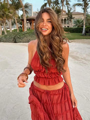 Cyflymder Sexy Pleated Vest Skirt Sets Women Elegant Solid Backless Sleeveless Tank Tops Drawstring Skirt 2025 Summer Vacation Lady Outfit