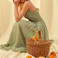 Cyflymder Summer High Waist Slim Pleat Maxi Dress Lady New Sleeveless Hollow Out Vacation Dress Elegant Checkered Print Swing Halter Dress