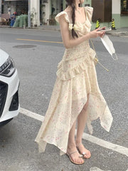 Cyflymder Women Dresses Irregular Ruffles Floral Printed Sleeveless Holiday Spring Summer Sweet Elegant Dress Party Backless