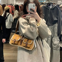 Cyflymder Retro Lamb Patchwork Brown Shoulder Bag Women Vintage Pocket Chic Y2k Handbag Female Hot Girls Casual Underarm Bag 2025