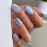 Cyflymder New Glacier Blue Jelly False Nail Shining Short Round Fake Nails Detachable Full Cover French Nail Tips for Salon DIY Nail Tool