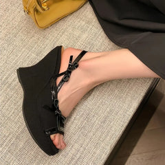 Cyflymder Women's Denim Wedge Sandals, Fashion Peep Toe Bow Strap Platform High Heels, New Summer Comfort Versatile Casual Elevator Shoes