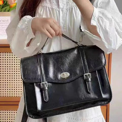 Cyflymder Preppy Flap Messenger Bag For Girls Class Schoolbag Oil Wax Leather Tote Briefcase Crossbody Commute Minimalist Backpack Black