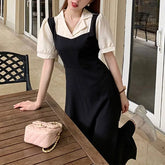 Cyflymder Contrasting Colors French Style Dresses Summer Vintage Patchwork Female Chic Elegant A-Line Waist Aura Short Sleeve Long Dress