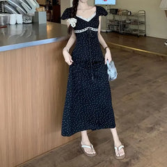Cyflymder Women Black White Polka Dots Dresses Puff Short Sleeve V Neck Lace Trim Summer Bow Drawstring Slim Romantic Vacation Long Dress