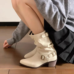 Cyflymder Autumn Winter Vintage Thick Heel Women Western Cowboy Boots Slip On Belt Buckle Shoes Ladies Mid Calf Botas Zapatos De Mujer