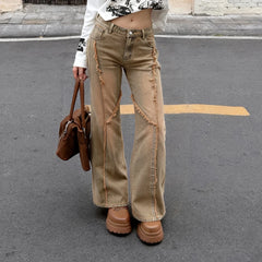 Cyflymder Vintage Frayed-edge Loose Jeans Women Casual Stragiht Denim Pants Y2K High Street Leg Trousers Harajuku Clothes Aesthet