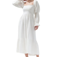 Cyflymder Women's Autumn Elegant Flowy Hem Long Dress Puff Long Sleeve Off Shoulder Beach A-Line Dresses Solid Color/Floral Dress Vestidos