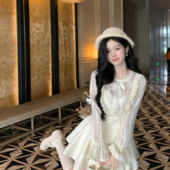 Cyflymder Sweet SpicyStyle Boucle Dress Women Princess Lace Trim Midi Skirt Set Petite Waist Defined Mini Chic Elegant A Line Coordinates