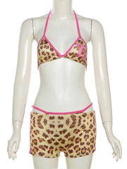 Cyflymder Sexy Leopard Swimwear Women Printed Bikini Set Halter Lace Up Bathing with Shorts Printed Beach 3 Piece Set Summer Beachwear
