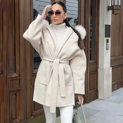 Cyflymder Female Fur Feather Hoodie Overcoat Lace-Up Pocket Lapel Long Sleeve Loose Cardigan jacket Winter Warm Faux Fur Outwear