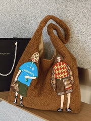 Cyflymder Cute Cartoon Knitted Tote Bag Women's Large Capacity Versatile Commuter Single Shoulder Armpit Bag Ins Style Soft Velve...
