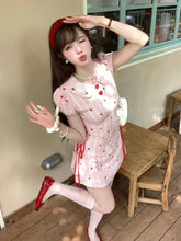 Cyflymder Sweet Hot Girl Heart Printed Striped Dress for Women's Summer Slim Fit Bubble Sleeves A-line Dress Fashion Female Clothes