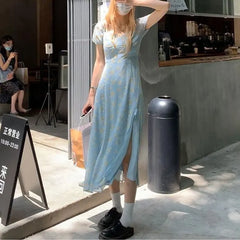 Cyflymder French Style Puff Sleeve Broken Flowers Dresses Summer Sweet V-Neck Women's Clothing Backless A-Line Fashion Split Long Dress