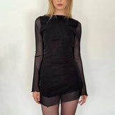 Cyflymder Coquette Mesh Sheer Mini Dress Casual Long Sleeve Backless Party Mini Dress Beach Cocktail Club Vintage Streetwear