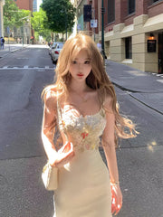 Cyflymder Floral Lace Midi Dress Women French Elegant Vintage Dress Evening Party Clothing Y2k One Piece Dress Korean Fashion Beach Style