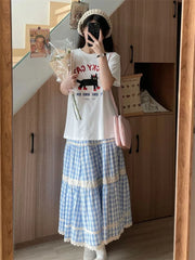 Cyflymder Women's Splicing Blue Plaid Summer A-line Thin Skirt Young Girl Vintage Fashion Female High Waist Loose Calf-length Skirts
