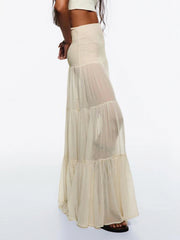 Cyflymder Holiday Solid Lace Skirts See Through Casual Slim Mid-Waisted Maxi Skirts Women 2025 Summer Fashion Streetwear Ladies