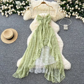 Cyflymder Elegant V-neck Straps Vintage Sleeveless Chic Asymmetrical Ruffles Backless Slim Dresses French Vacation Women Fashion Clothing