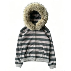Cyflymder Retro Striped Zipper Hoodie Sweet Girl Y2K Women's Gray High Street Fur Border Rivet Pocket Street Jacket Hip-Hop Punk Chic