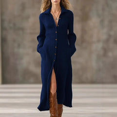 Cyflymder Women's Knitted Sweater Dress Long Sleeve Turn Down Collar Single Breasted Pockets Slim Solid Elegant Vintage Casual Midi Dress