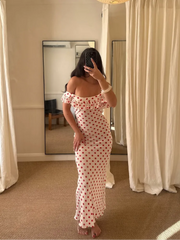 Cyflymder Slash Neck Polka Dot Printed Dress Women Color Blocking Design Elegant Fashion Casual Robe Versatile Off Shoulder Flounce Dress